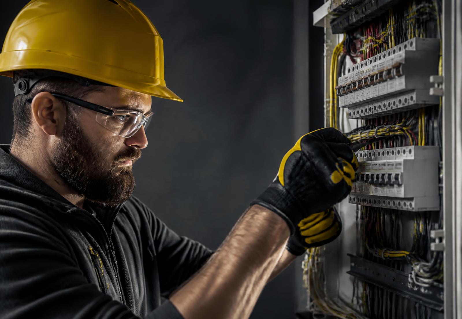 Eletricista trabalhando em quadro de distribuição com disjuntores