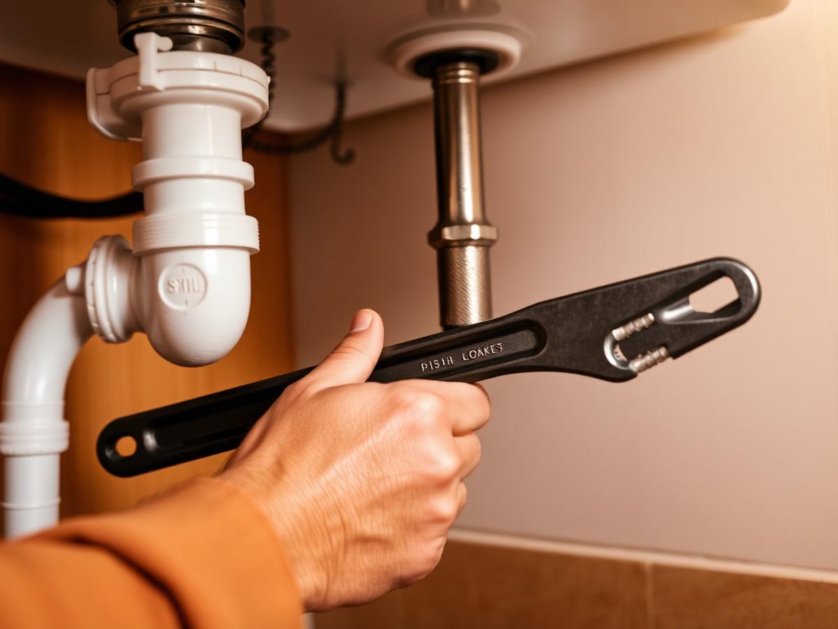 Profissional realizando reparo hidráulico em sifão